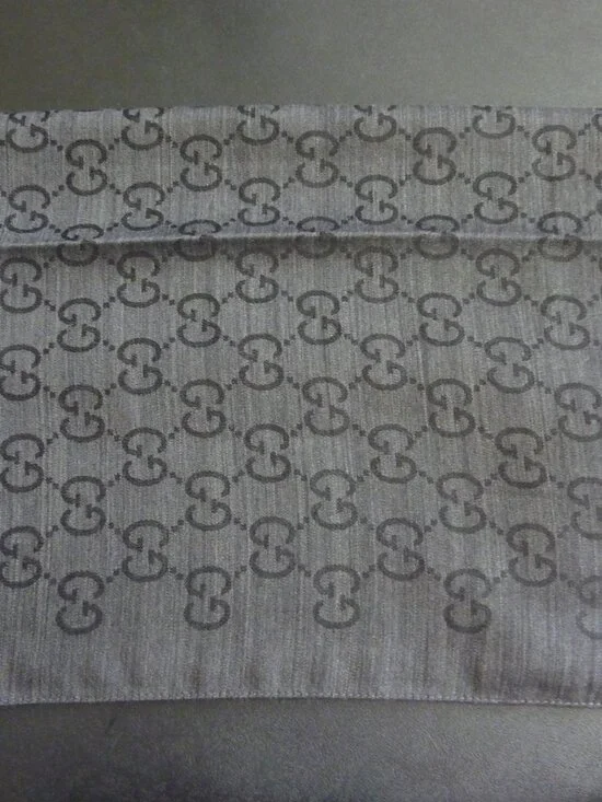 Gucci Logo Small Jacquard Wool & Silk-Blend Scarf in Gray - Picture 3 of 5